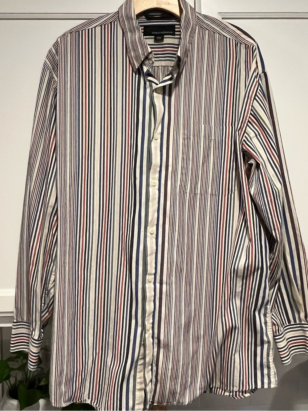 Greg Norman Collection Striped Button-Up Shirt in White, Blue & Red